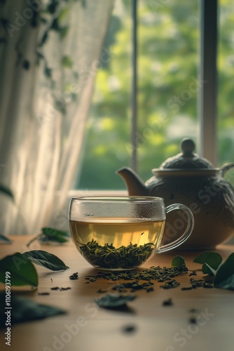 Warm herbal tea in a clear glass cup next to a teapot and a small cup in a co...