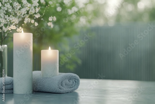 Relaxing spa setting with candles and towels on a tranquil surface in soft light
