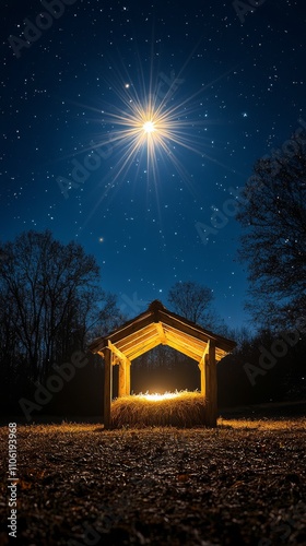 Starry night over a rustic shelter with hay under a glowing light in the coun...