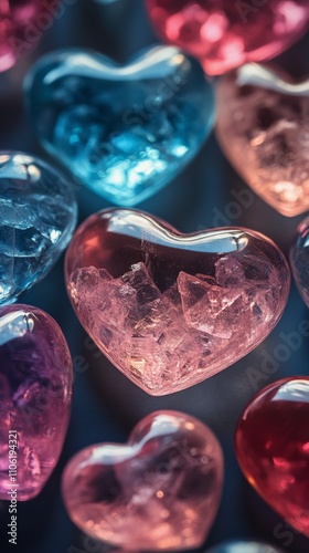 Colorful heart shaped gems scattered in blue and pink shades on a dark surface