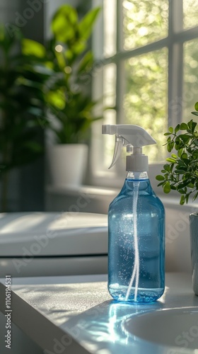 Sunlight reflecting off a blue cleaning spray bottle on a kitchen counter nea...