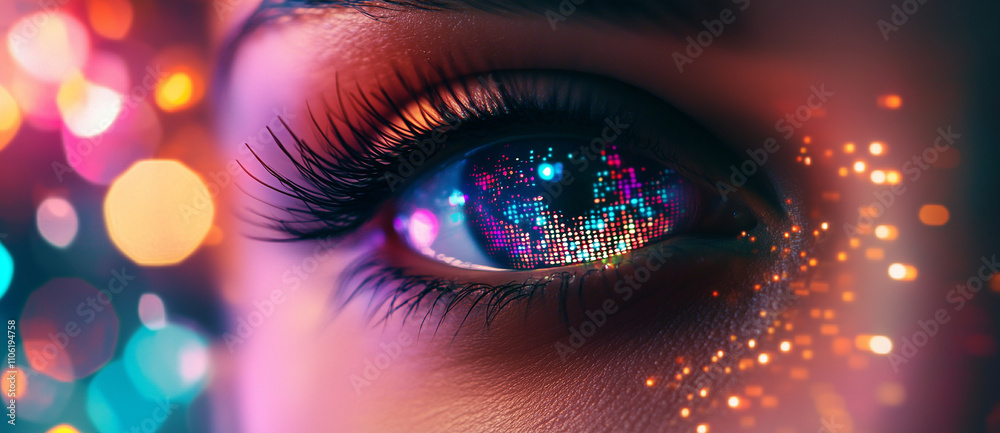 Close up of a womans eye with futuristic glowing digital data, cybersecurity, symbolizing advanced technology and human connection, abstract tech concept Close up of a womans eye with futuristic glowing digital data, cybersecurity, symbolizing advanced technology and human connection, abstract tech concept