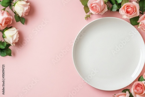 Beautiful table setting with white plate and pink roses on pastel background ...