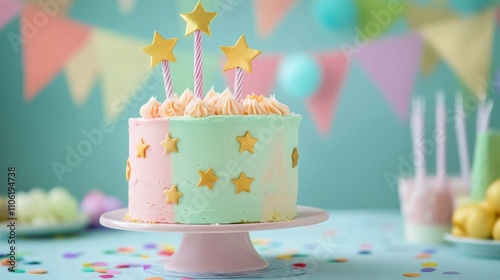 Colorful birthday cake with stars at a festive celebration backdrop