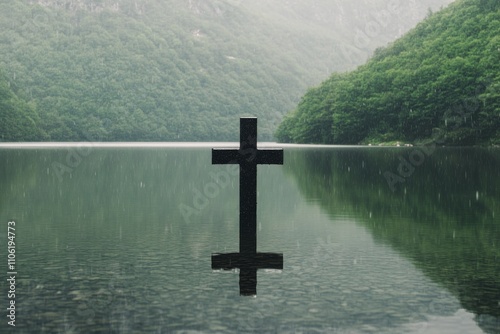 Reflection of a cross in calm water surrounded by mountains during early morn...