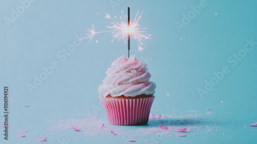Sparkling cupcake with pink frosting on a blue background for celebration pur...