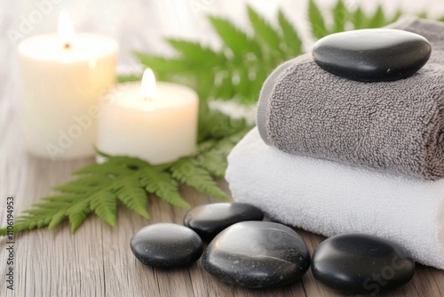 Relaxing spa setup with towels, stones, candles, and greenery for a calming a...