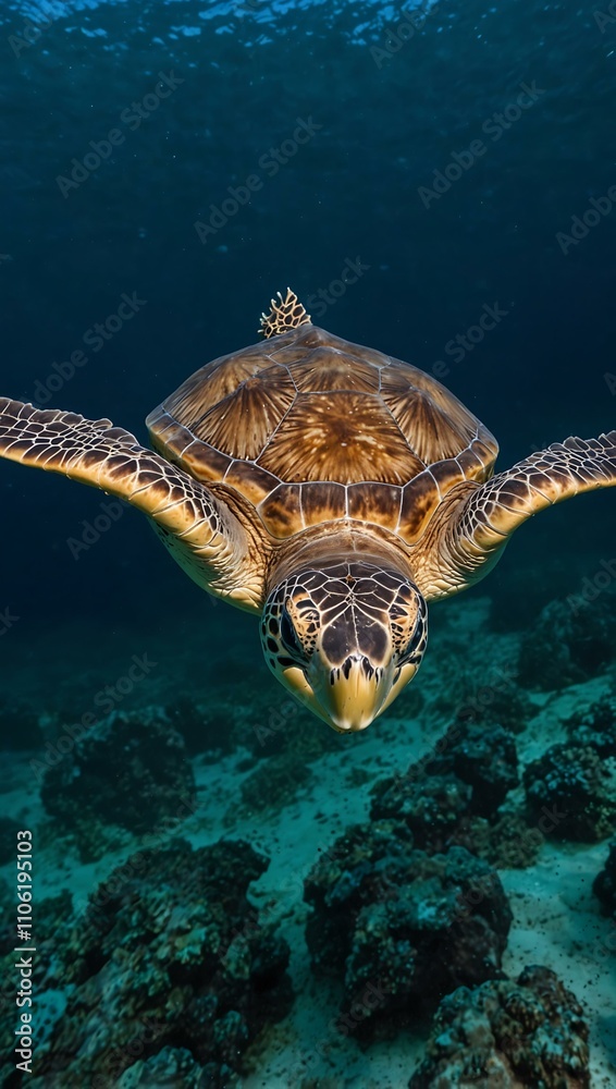 Obraz premium Green sea turtle swimming in the deep ocean.