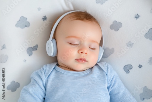 Baby enjoying peaceful sleep with headphones in cozy bedroom setting