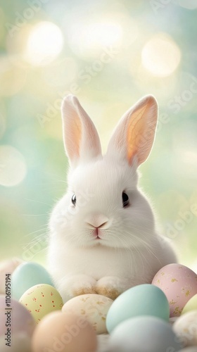 White rabbit surrounded by colorful Easter eggs on a light background