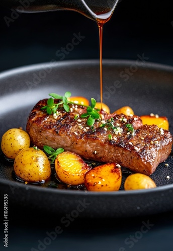 Delicious grilled steak with sauce and roasted potatoes on a festive table