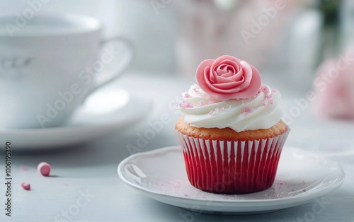 Delightful cupcake with roses and tea on a white table setting