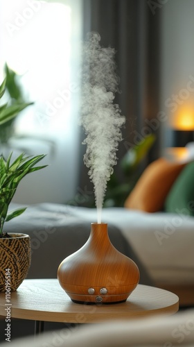 Relaxing indoor atmosphere created by essential oil diffuser in a cozy living...