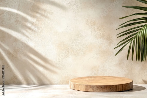 Natural wooden platform with palm leaf against soft wall backdrop in cozy set...