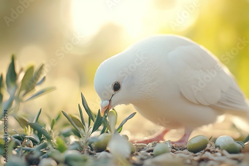White dove perched on an olive branch during golden hour in a serene setting