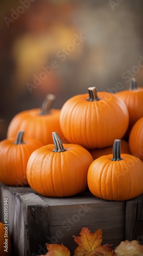 Harvest display of vibrant pumpkins on wooden crate during autumn season