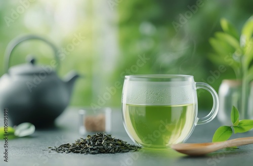 Hot green tea steaming in a glass cup with loose tea leaves on a wooden spoon...