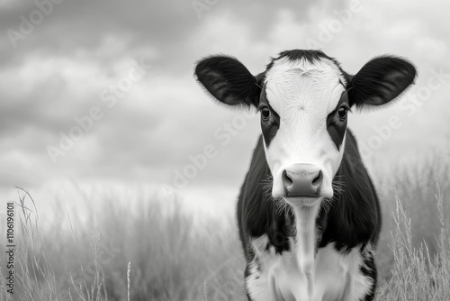 Calf grazing peacefully in a meadow under a cloudy sky during late afternoon
