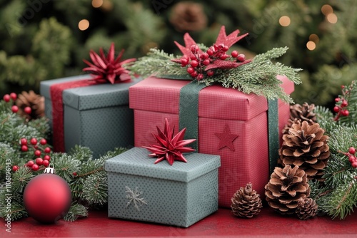 Festive gift display with greenery and decorations on a deep red background