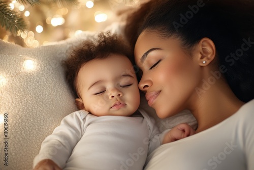 Mom and baby share a serene moment by the holiday lights in a cozy setting