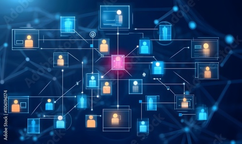 A blue and white image of people connected by lines. Concept of interconnectedness and community, Generative Ai
