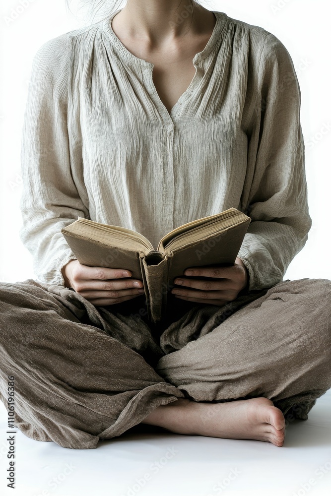 Fototapeta premium Person seated, reading old book, neutral clothing.