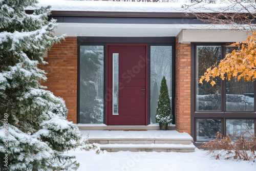 Dark Red Front Door in Winter