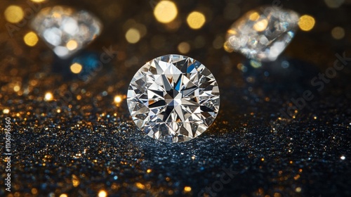 Sparkling diamond engagement ring on black surface with shiny background