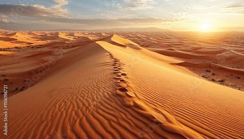 “Sand Dune in the Desert": Soft, undulating shapes of sand dunes, camel tracks left behind, setting sun, red-hot earth.