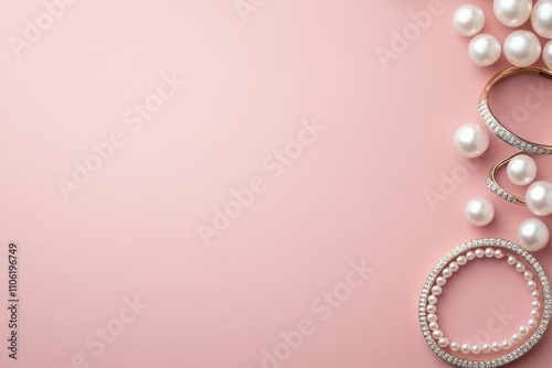Elegant display of various pearl necklaces arranged on a soft pink background