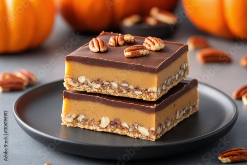 Delicious pumpkin dessert squares with pecans served on a black plate in autu...