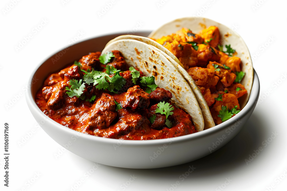 An inviting bowl of spicy red curry served with two soft tortillas, garnished with fresh coriander, featuring vibrant textures and colors in a modern presentation An inviting bowl of spicy red curry served with two soft tortillas, garnished with fresh coriander, featuring vibrant textures and colors in a modern presentation
