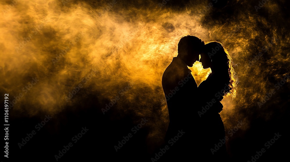 Silhouette Couple Embraces in Golden Smoke Silhouette Couple Embraces in Golden Smoke