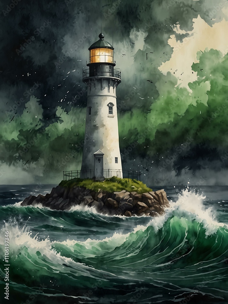 Obraz premium Green watercolor painting of a lighthouse amidst a storm.