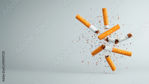 health warning guidelines concept. Cigarettes exploding in a dynamic, artistic arrangement. photo