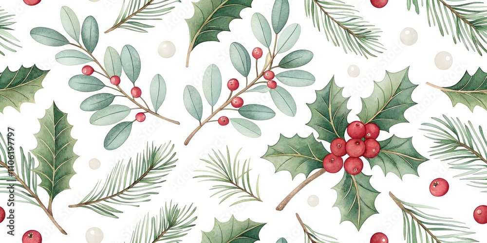 xmas watercolor concept seamless pattern with mistletoe, Christmas trees branch isolated on transparent background
xmas watercolor concept seamless pattern with mistletoe, Christmas trees branch isolated on transparent background