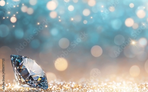 Sparkling diamond resting on a reflective surface with a colorful bokeh backg...