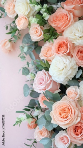 Beautiful floral arrangement with pastel roses and greenery on soft pink background photo