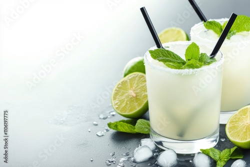 Refreshing cocktails served in glasses with mint and lime on a stylish counter