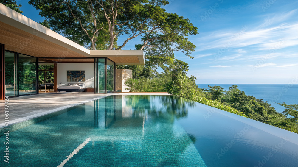Fototapeta premium Serene Outdoor Beauty: Elegantly Composed House with a Mesmerizing Pool View - Generative Ai