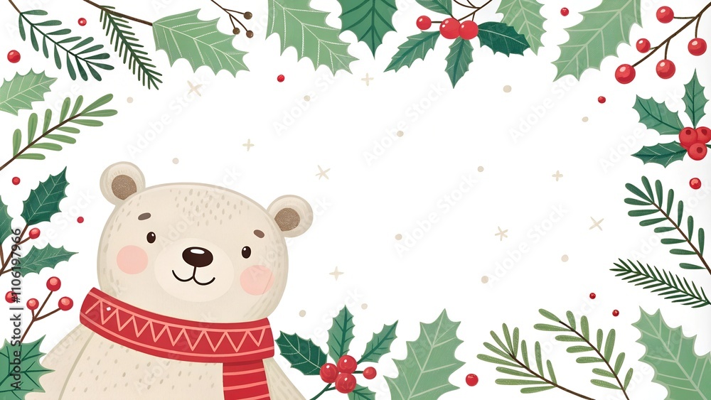 Fototapeta premium Christmas banner template with holly berries, mistletoe, green leaves, cute bear. horizontal new year winter border frame with white copy space background 