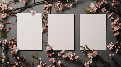 Blank cards surrounded by vibrant flowers on a gray surface for creative proj...