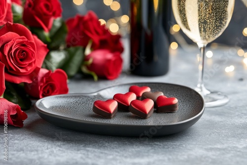 Romantic setting featuring red roses, champagne, and heart shaped chocolates ...