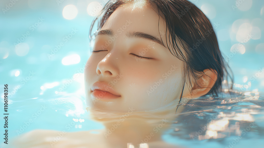 Serene water relaxation at a spa with Asian model. Generative AI image Serene water relaxation at a spa with Asian model. Generative AI image