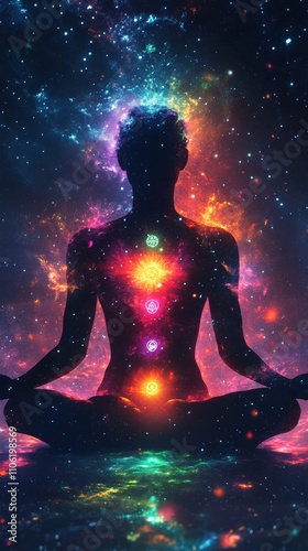 Meditation and energy alignment in a cosmic setting with colorful chakras ill...
