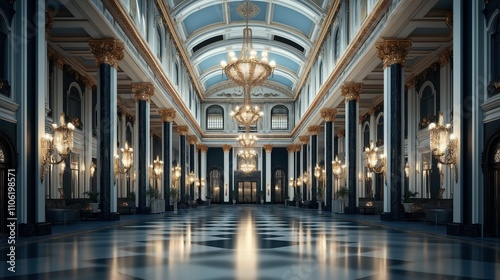 Luxurious grand hall with ornate chandeliers, marble columns, and intricate ceilings reflecting opulent architecture. Elegant wall-mounted lamps line the spacious polished floor.