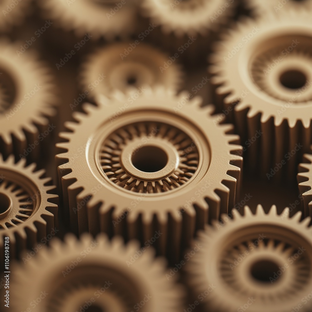 Intricate Symmetric Display of Interlocked Gears in Brown Tones Intricate Symmetric Display of Interlocked Gears in Brown Tones