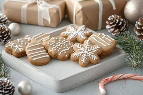 Festive gingerbread cookies with holiday gifts and winter decorations on a co...