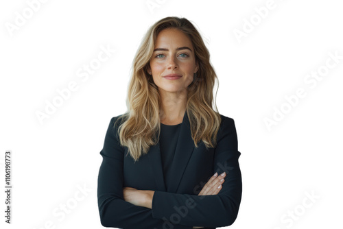 Confident young businesswoman standing with arms crossed against a blank background in a professional setting