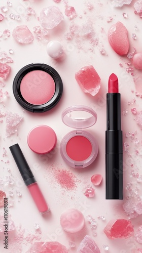 Makeup products arranged artistically with sparkling gems on a soft pink back...